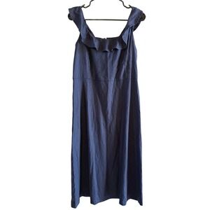 Ann Taylor Linen Dress Size 10 Petite 100% Linen Navy Ruffle Flutter Midi Lined